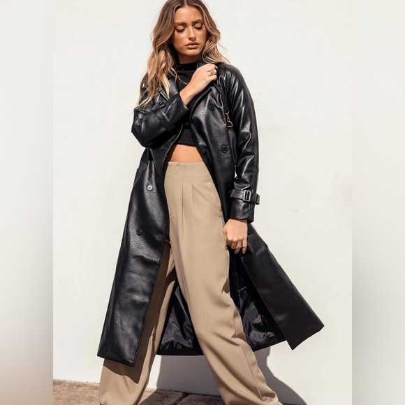 Princess Polly Women's Black Faux Leather Trench Coat - Picture 11 of 12